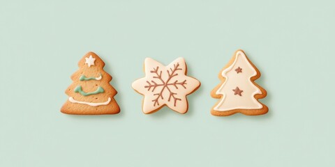 Decorative holiday cookies shaped like trees and a snowflake on pastel backdrop.