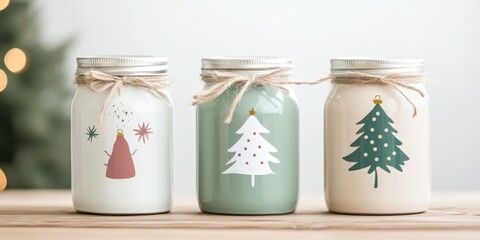 Decorative holiday jars with Christmas designs on a wooden table.