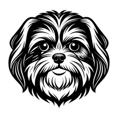 shih tzu dog muzzle icon. Black and white logo, dog silhouette, engraving style. Pet character. Vector illustration