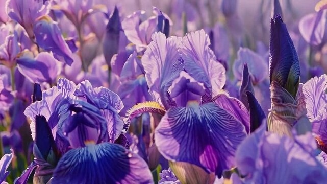 Bunch of purple flowers with a few yellow flowers in the middle. The flowers are in a field and the sun is shining on them