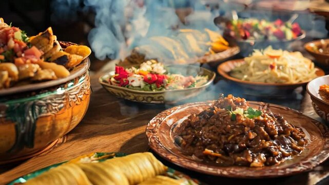 Table full of food with a variety of dishes including rice, beans, and tacos. The table is set for a large gathering of people
