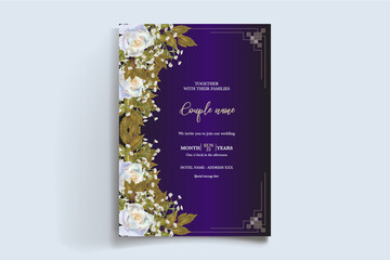 WEDDING INVITATION FRAME WITH FLOWER DECORATIONS AND FRESH LEAVES