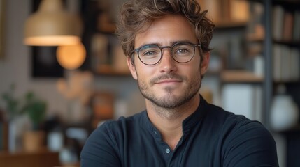 Fototapeta premium serious young man in glasses, arms confidently crossed at a modern desk, surrounded by minimalistic decor, exuding professionalism and focus
