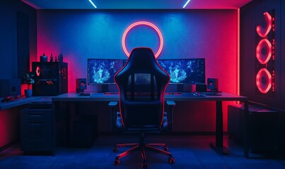 Modern gaming setup with neon lights, two monitors, a gaming chair, and a computer in a home office.