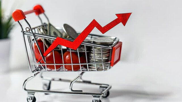 Shopping cart full of coins and a red arrow pointing upwards. Concept of growth and progress, as the coins represent wealth and the upward arrow symbolizes advancement