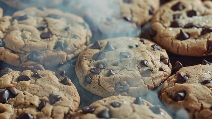 Close up of a plate of chocolate chip cookies. The cookies are all different sizes and shapes, but they all have the same chocolate chips. The plate is on a table - Powered by Adobe