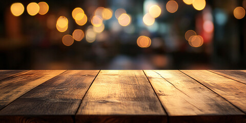 Christmas holiday background with empty wooden deck table over festive bokeh. Ready for product montage
