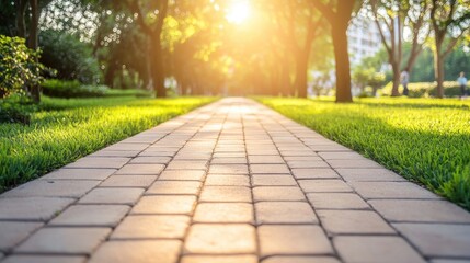 Fototapeta premium Serene Brick Footpath in Sunlit Park