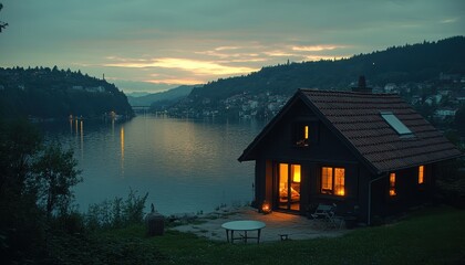 Fototapeta premium Beautiful home with solar panels beside a serene lake at sunset
