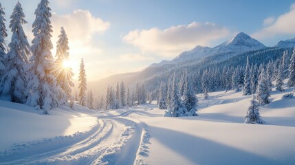 Peaceful Winter Scene with Car Tracks in Snow