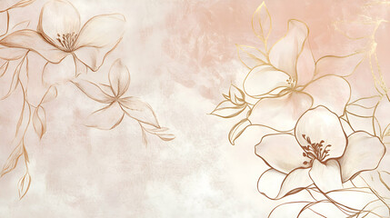 A flower background with simple line art of petals and vines, drawn in thin gold outlines on a pale pink canvas, creating a soft and elegant feel
