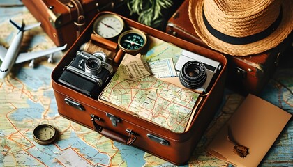 Exploring the world a traveler's essentials in a vintage suitcase filled with maps cameras and adventure gear for memorable journeys and capturing moments