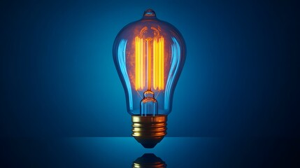 Obraz premium Glowing vintage light bulb with visible filament against deep blue background, warm orange light creating contrast, reflective surface below, dramatic lighting