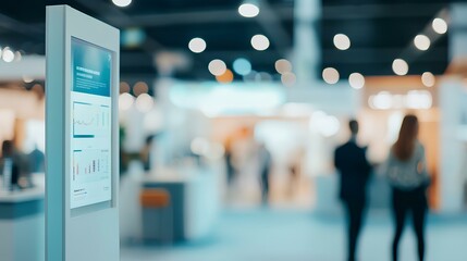 A digital display stands in focus with a blurred exhibition backdrop, showcasing information in a modern trade show environment.