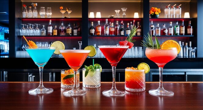 Elegant cocktail bar with signature drinks background stylish cocktail bar with colorful drinks and ambient lighting