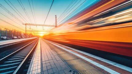 Obraz premium Vibrant Sunset Train Motion at Railway Station