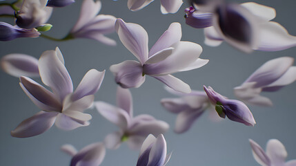 Fototapeta premium A flower background with soft gradients transitioning from light pink to pale lavender, with floating petals creating a serene and natural feel