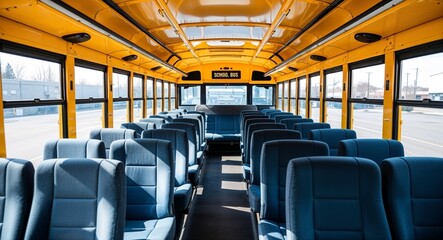 Fototapeta premium Empty school bus interior background rows of empty seats inside a brightly lit yellow school bus