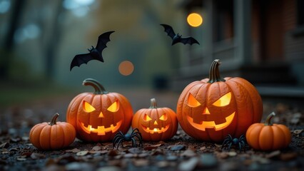 Obraz premium Halloween decoration. Bats, pumpkins, spiders