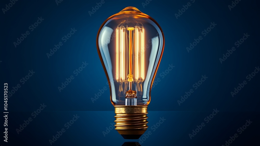 Wall mural Glowing vintage light bulb with visible filament against deep blue background, warm orange light creating contrast, reflective surface below, dramatic lighting