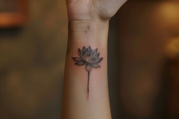 Obraz premium A minimalist wrist tattoo of a delicate lotus flower in black ink. 