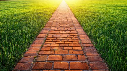 Scenic Brick Pathway in a Lush Green Landscape
