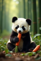 Naklejka premium A cute panda cub enjoys a snack of carrots in a bamboo forest
