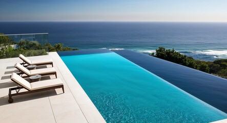 Fototapeta premium Gorgeous infinity pool overlooking the ocean background stunning infinity pool with panoramic ocean views and sun loungers
