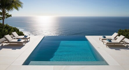 Fototapeta premium Gorgeous infinity pool overlooking the ocean background stunning infinity pool with panoramic ocean views and sun loungers