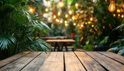 Cozy outdoor restaurant with lush greenery and warm lighting for evening dining