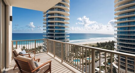 Hotel balcony overlooking ocean view background private balcony with breathtaking ocean views and beach scenery