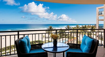 Fototapeta premium Hotel balcony overlooking ocean view background private balcony with breathtaking ocean views and beach scenery