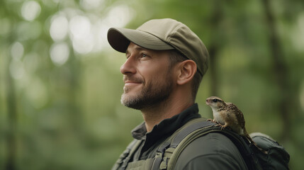 Fototapeta premium Forest Ranger Rescuing Wildlife Animal in Natural Environment