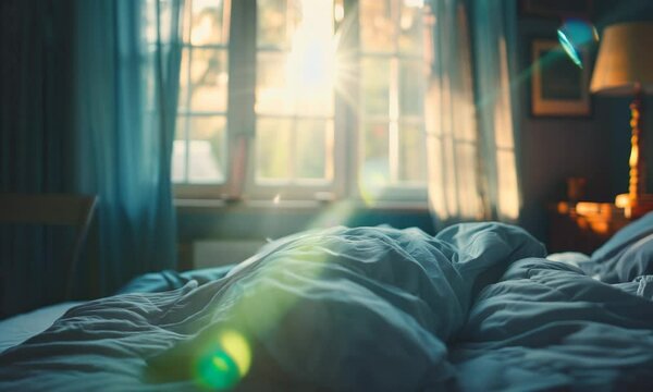 Bed with a blue comforter and white sheets. The bed is unmade and the sheets are spread out