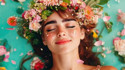 Serene woman with flower crown relaxing on floral background