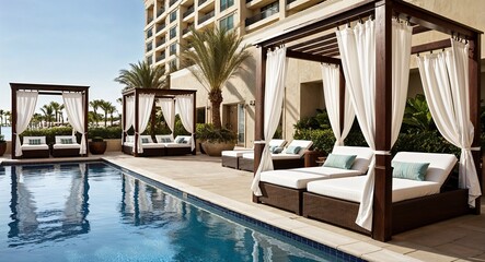 Fototapeta premium Luxury hotel pool area with cabanas background upscale pool area featuring cabanas and sun loungers by the water