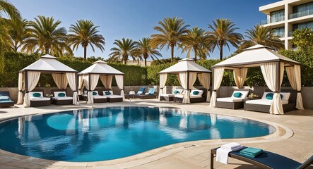 Luxury hotel pool area with cabanas background upscale pool area featuring cabanas and sun loungers by the water
