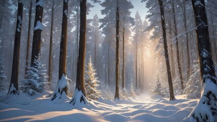 Obraz premium Sunlight Illuminates a Tranquil Winter Forest, Casting a Golden Glow on the Snow-Covered Trees and Ground