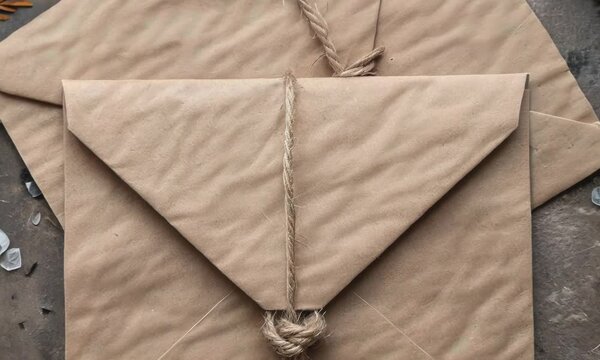 Two envelopes with a string tied to them on a table. The envelopes are brown and have a knot tied to them. The table is covered with pine cones and a few other items