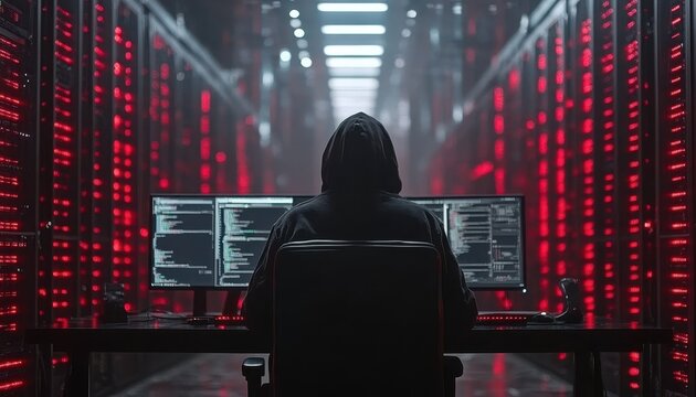 Hacker working in a data center during a late-night cybercrime operation