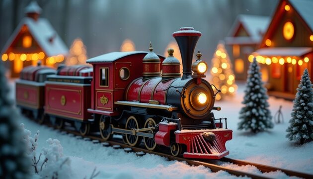 festive a toy steam train with christmas decorations and lights on snowy railroad tracks, winter holiday treat