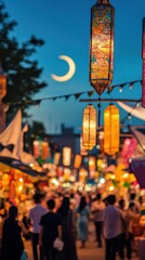 Fototapeta premium Families enjoy shopping for gifts and food at a vibrant Eid al-Adha street festival under lanterns