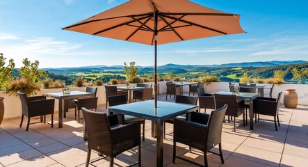 Outdoor terrace dining with scenic views background scenic outdoor terrace with tables overlooking beautiful landscapes