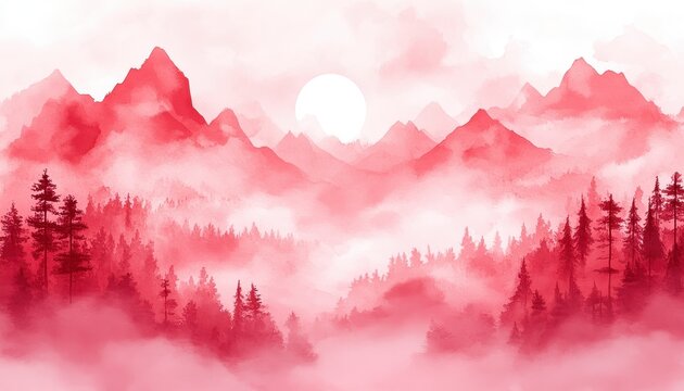 Serene red landscape with mountains and mist reflecting a tranquil atmosphere