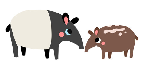 Cute mother and child tapir rainforest cartoon character parenthood isolated on white background ideal for school book.