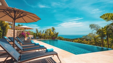 Fantastic private villa, terrace view with sun beds chairs under umbrella, luxury pool hotel stunning summer pattern. Beautiful spa or wellness, recreational vacation resort tourism. Tranquil sea