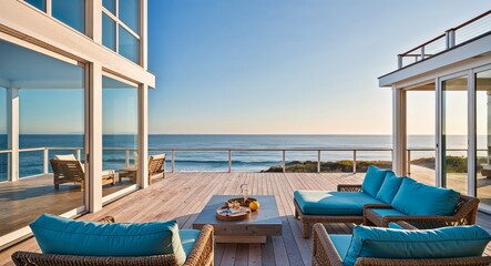 Fototapeta premium Stunning beach house with ocean view background luxurious beach house with large windows and a private deck