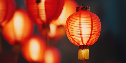 Red paper lanterns glowing softly in the dark, creating a warm inviting atmosphere.