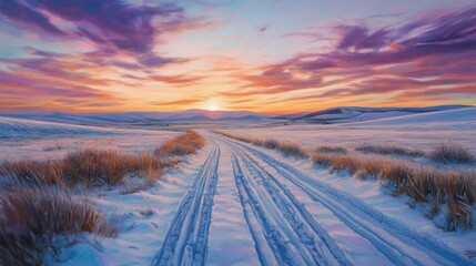 Vibrant Winter Scene with Car Tracks in Snow