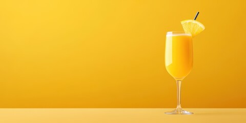 Refreshing orange cocktail with lemon slice on a vibrant yellow background.